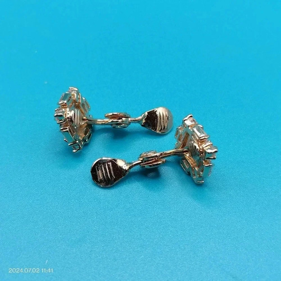 TJG Gold Tone Square Baguette Rhinestone Clip On Earrings - Picture 7 of 10